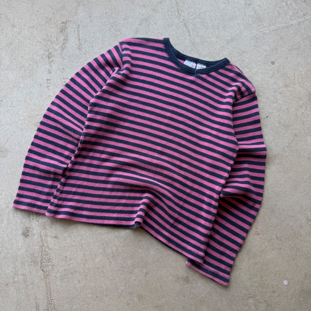 90s Womens Cherokee Striped Waffle Knit Thermal Long Sleeve Top Pink Navy Medium